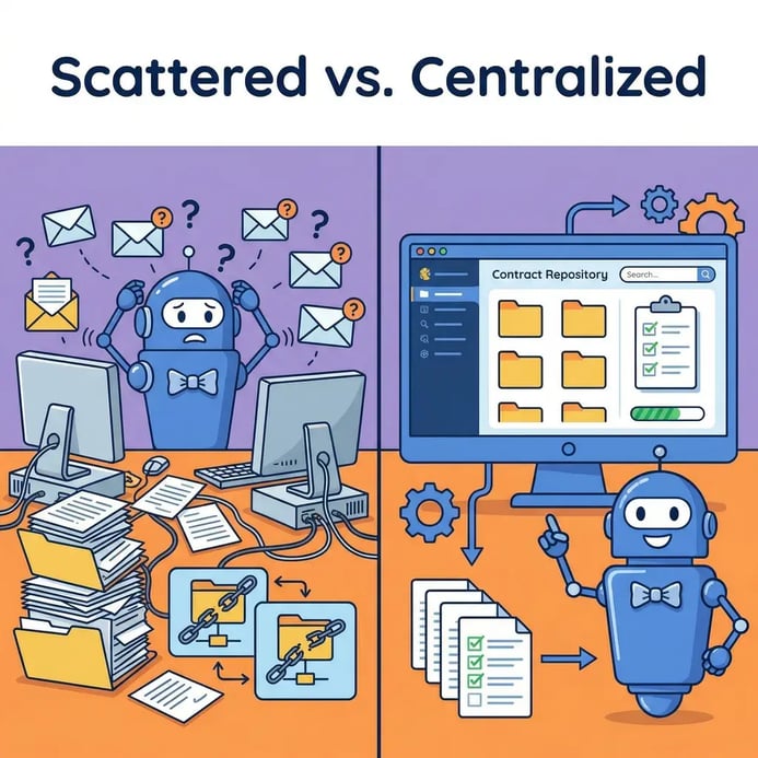 Scattered contracts create version confusion. Centralized storage creates a single source of truth.