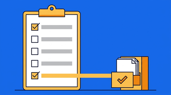 CLM software checklist on a clipboard linked to a checked contract folder