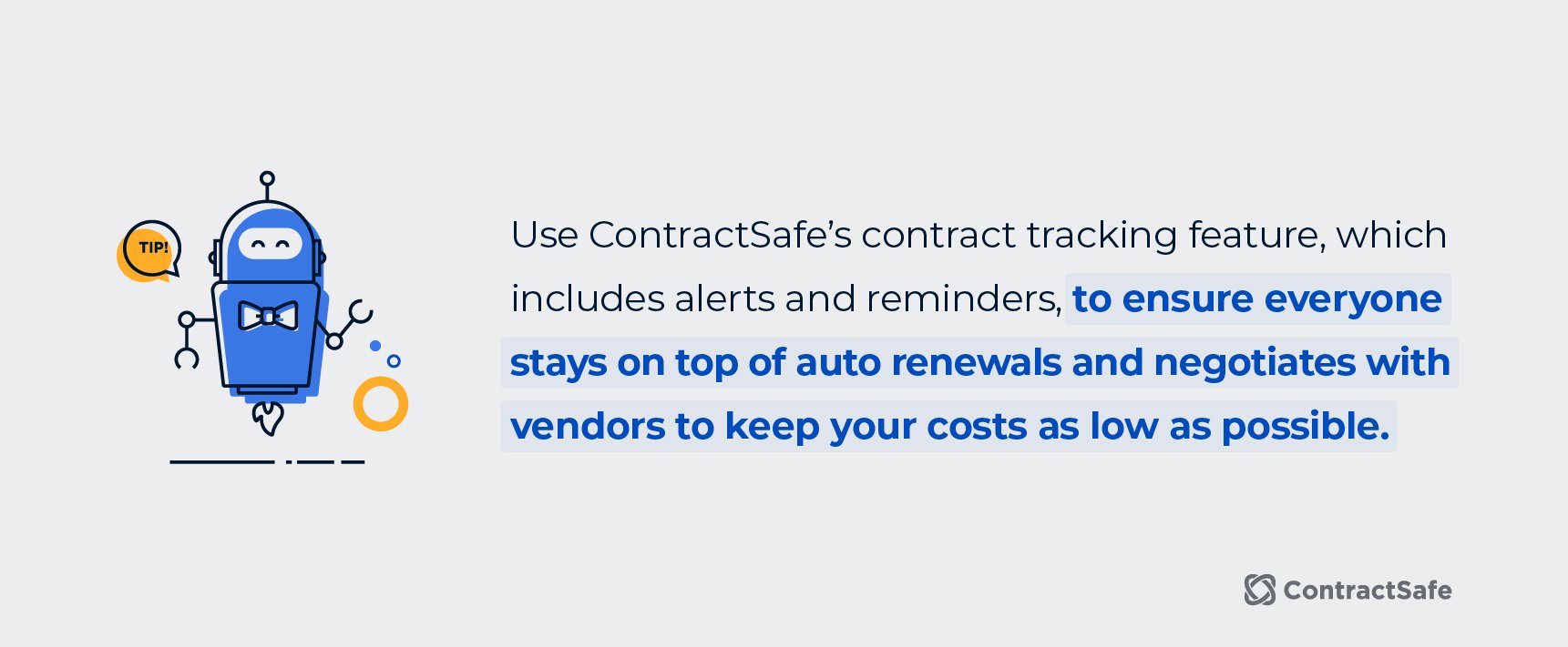 An robot illustration showcasing a prevention tip related to contract tracking through the use of alerts and reminders