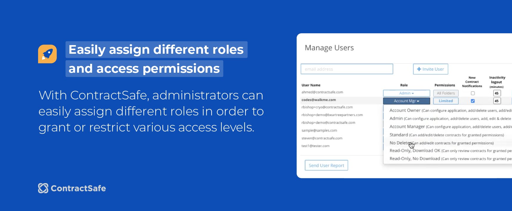 Easily assign different roles and access permissions. With ContractSafe, administrators can easily assign different roles in order to grant or restrict various access levels.