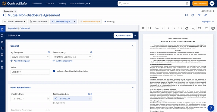 ContractSafe AI field extraction with confidence scores and review controls