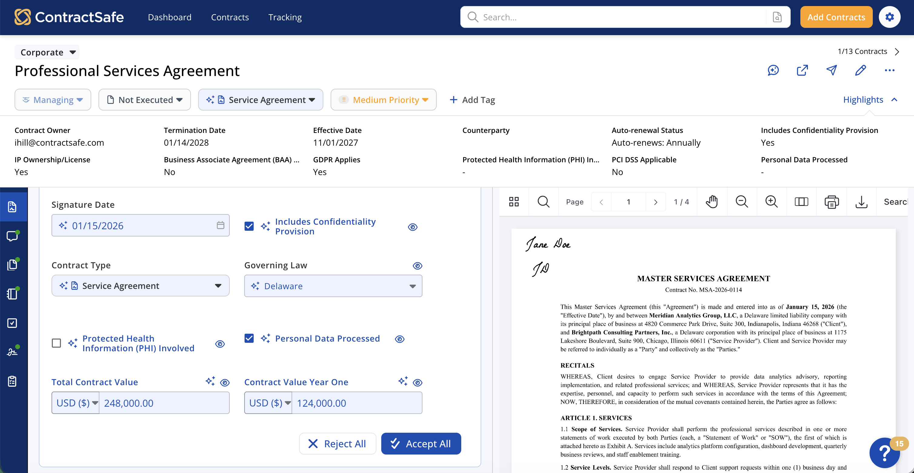 ContractSafe contract detail page with the status indicator bar and key contract fields