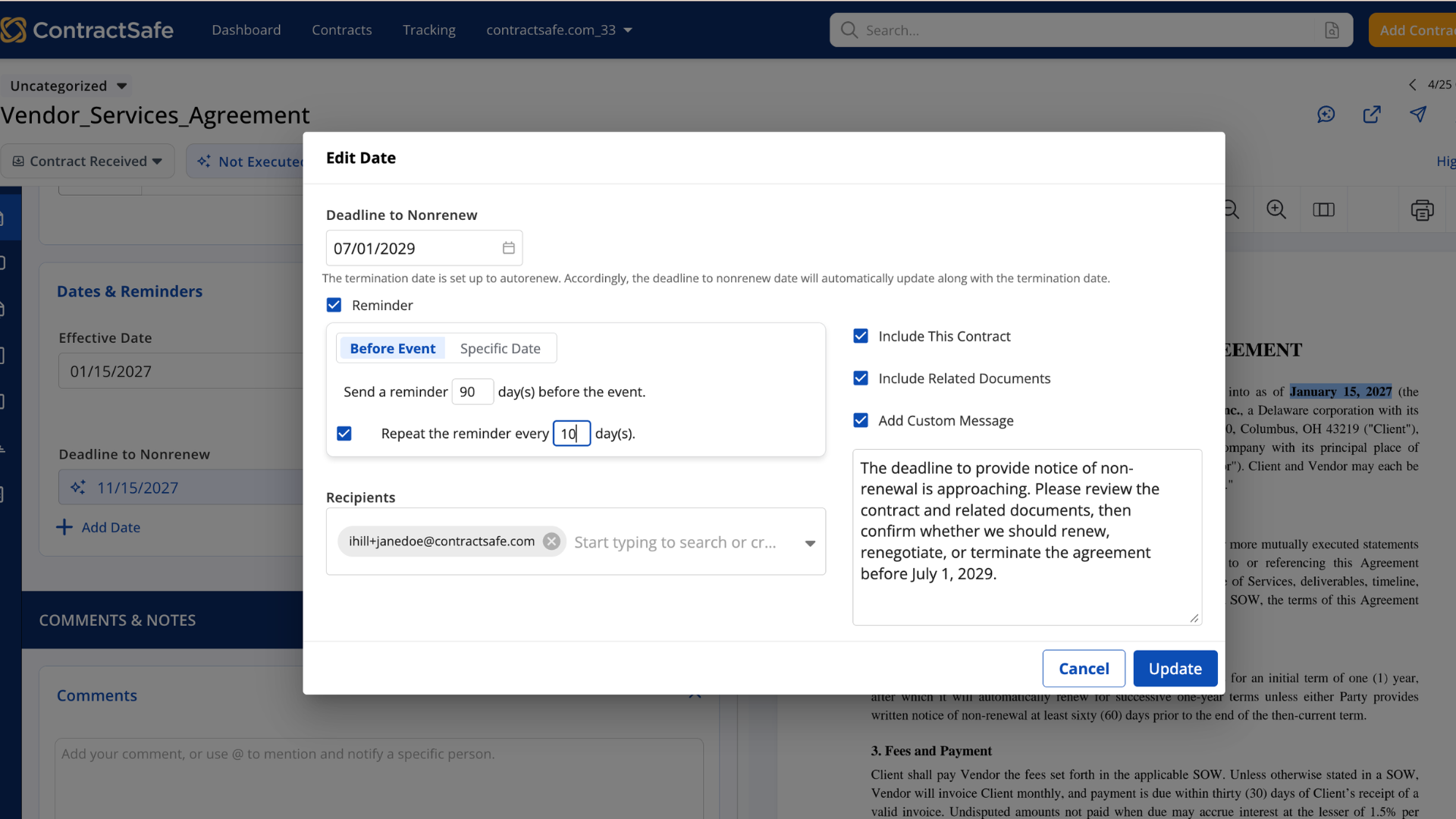 ContractSafe reminder settings for a deadline to nonrenew, sending 90 days before the date and repeating every 10 days