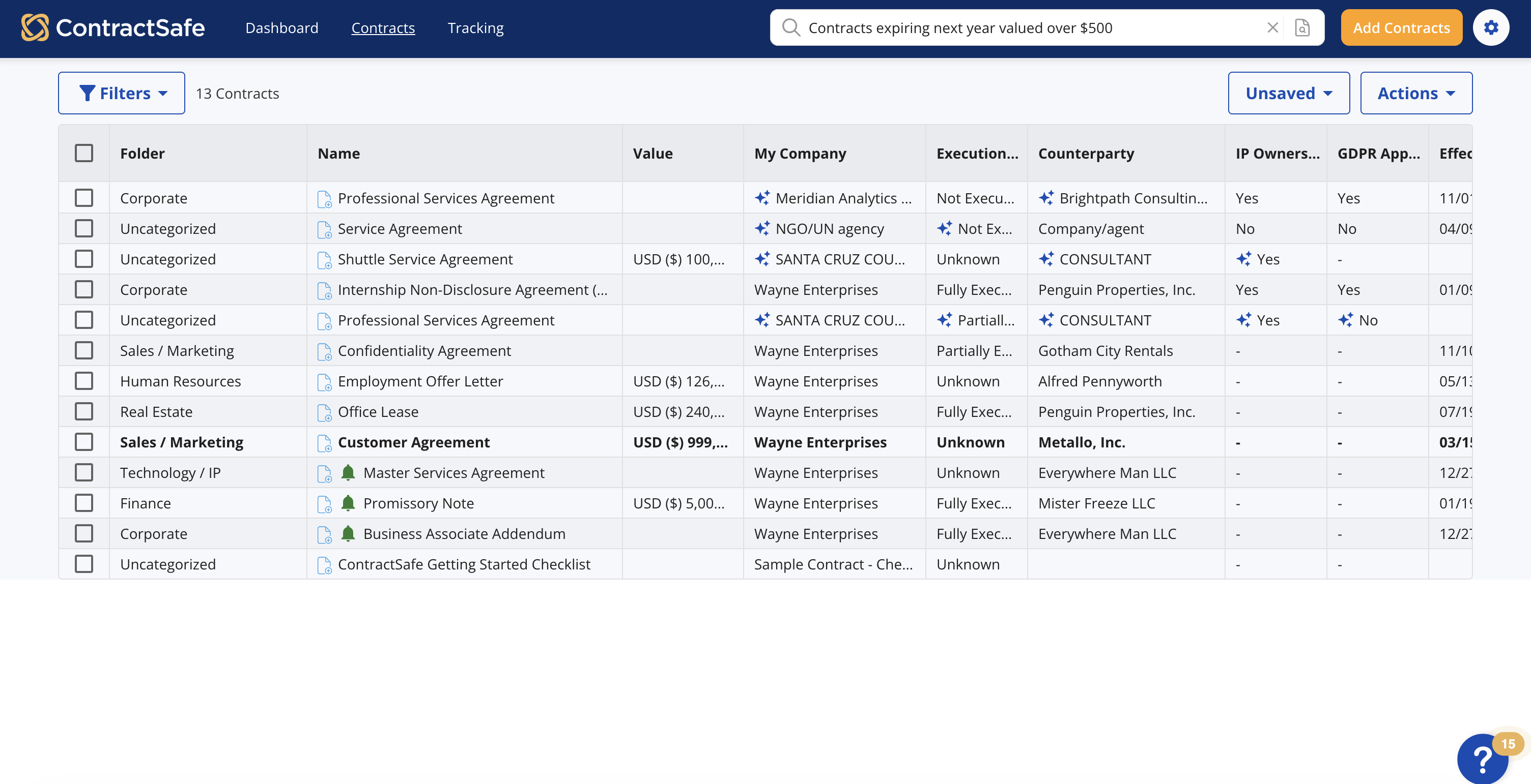 Searching contracts from the top of any ContractSafe page