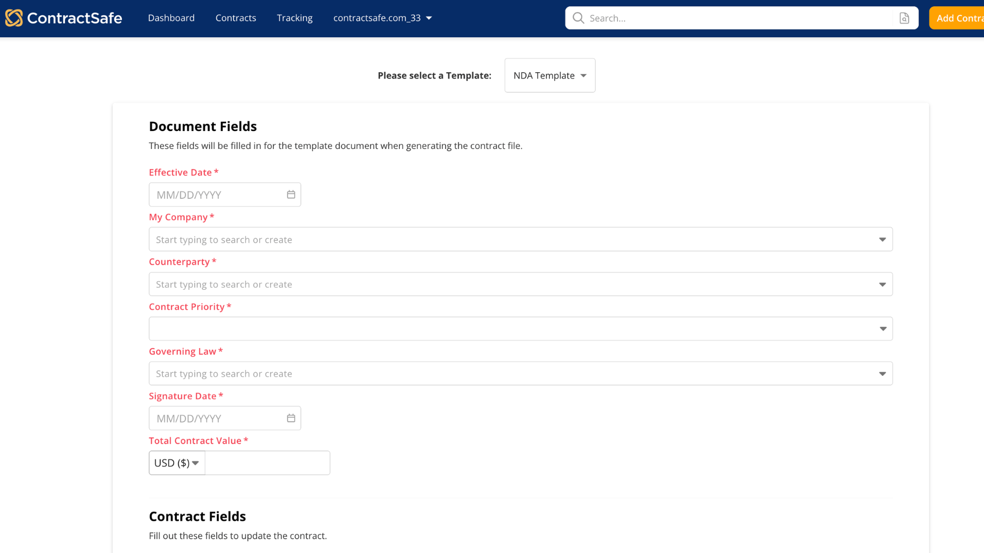 ContractSafe creating a document from an NDA template, with required fields like Effective Date, Counterparty and Governing Law