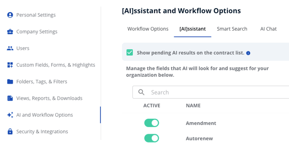 AI and workflow options settings page