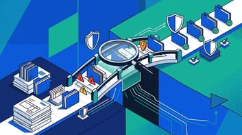 AI-powered contract management workflow with contract folders, alerts, shields, and search