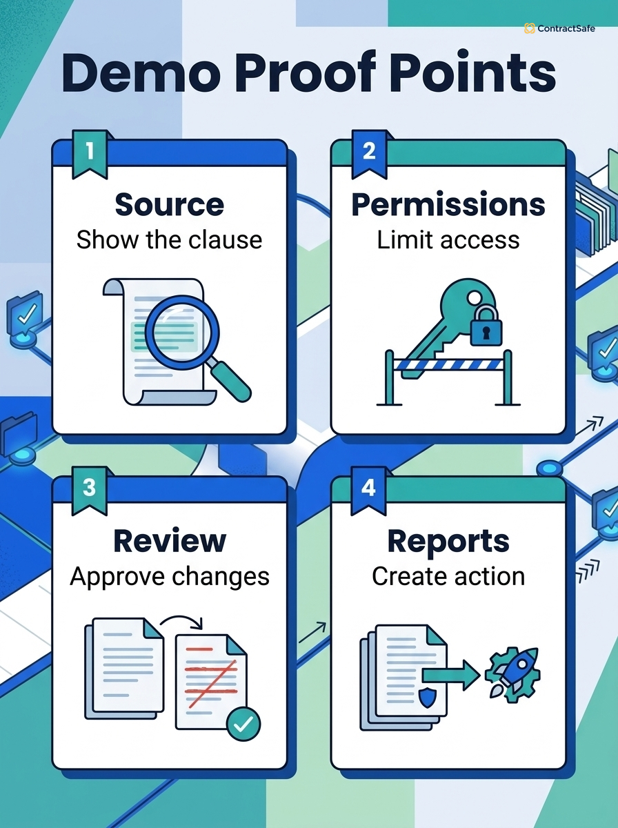 Infographic showing four proof points to test in an AI contract management demo: source, permissions, review, and reports.