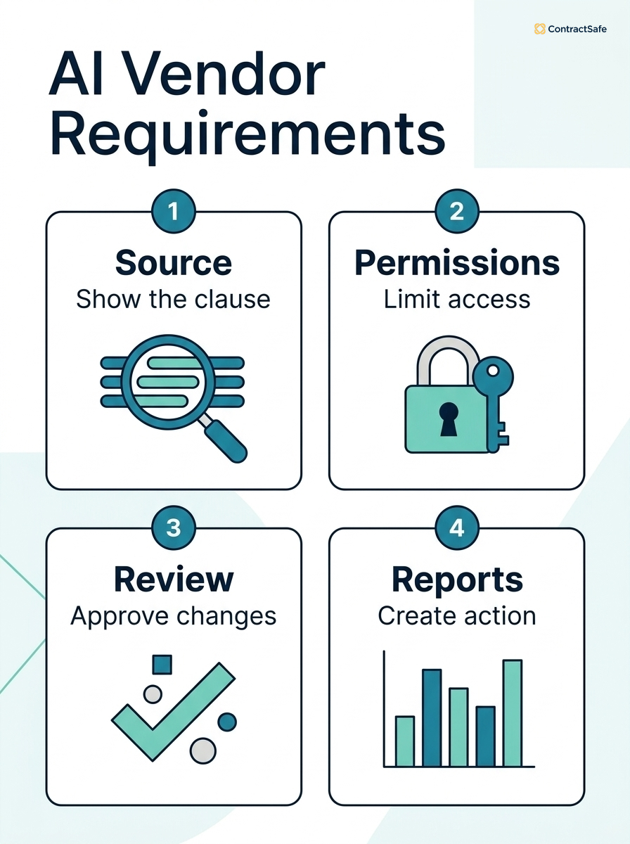 Infographic showing four AI contract management software requirements: source, permissions, review, and reports.
