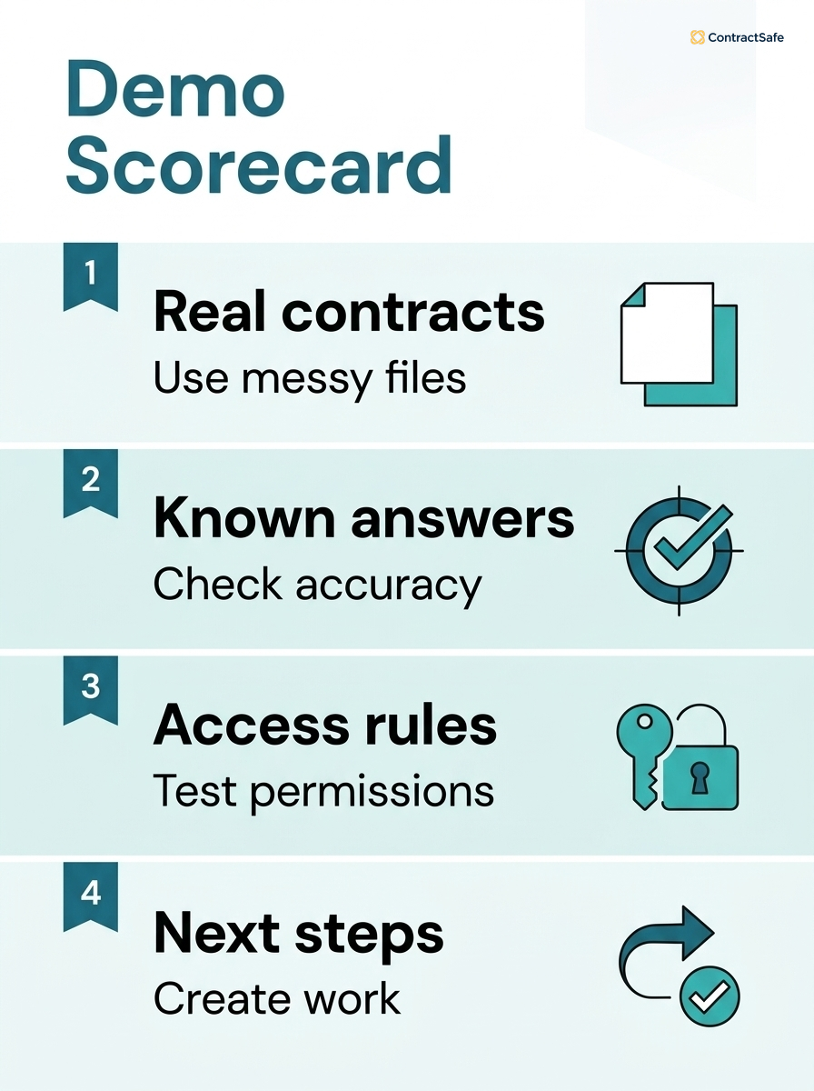 Infographic showing four demo scorecard tests for AI contract management software: real contracts, known answers, access rules, and next steps.
