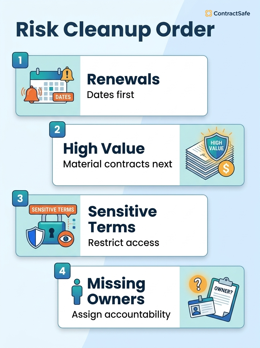 Risk Cleanup Order infographic for Contract Repository Best Practices for Legal and Finance Teams