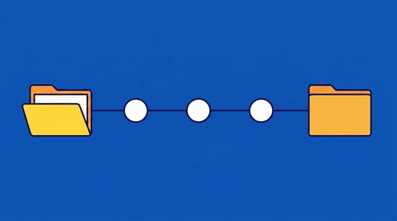 Open contract folder moving through workflow checkpoints to a closed folder