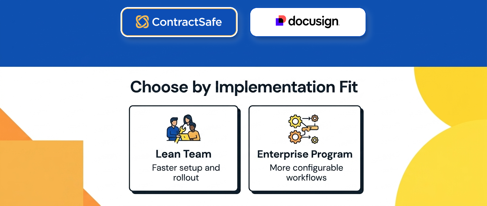 Choose by Implementation Fit infographic for Choosing Between ContractSafe and DocuSign CLM