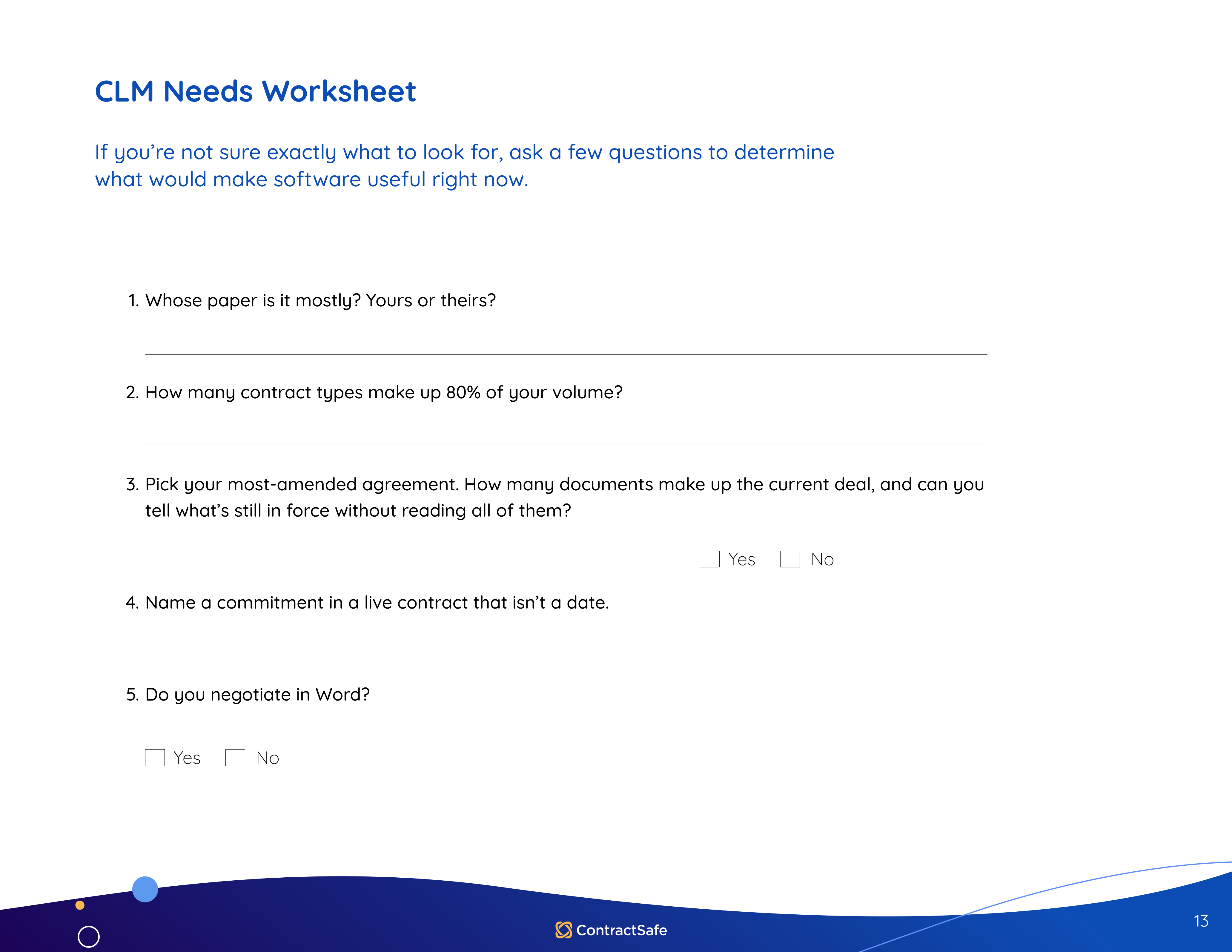 Preview of the CLM Needs Worksheet page in the right-sized contract management software guide