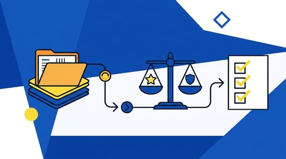 Contract folders flowing to a balanced scale and checklist
