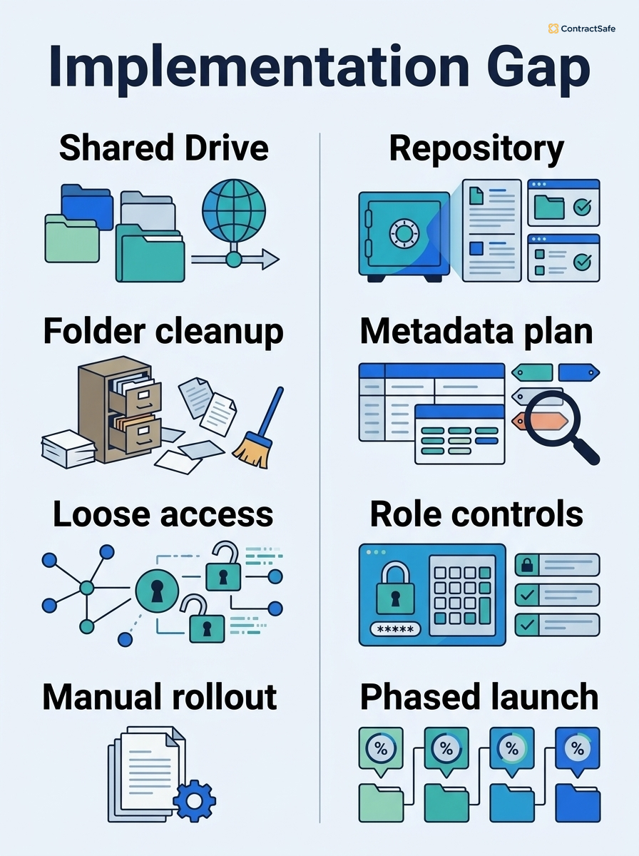 Implementation gap between shared drives and a centralized contract repository