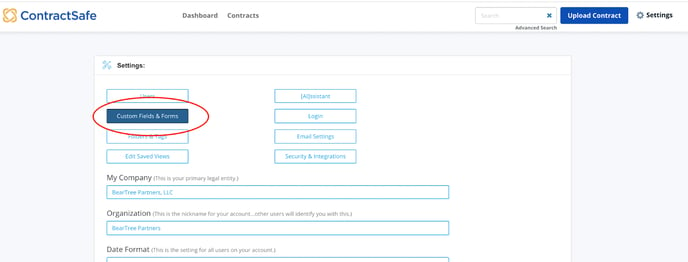 contract management system custom fields and forms