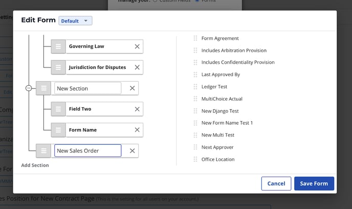 ledger field contract management software custom form