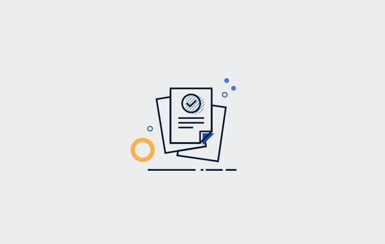 Three contracts organized in a pile with the topmost displaying a checkmark.