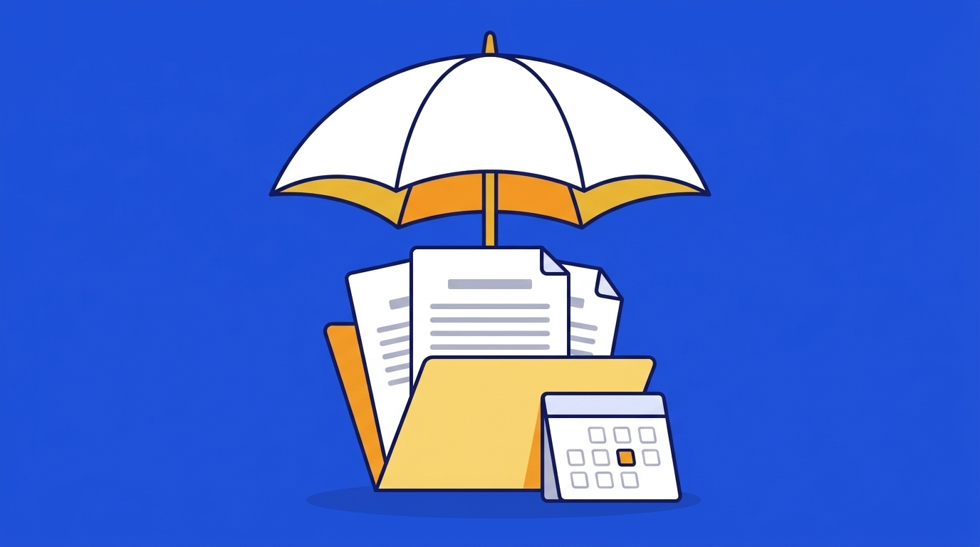 An umbrella over a folder of insurance contracts with a marked date on a calendar