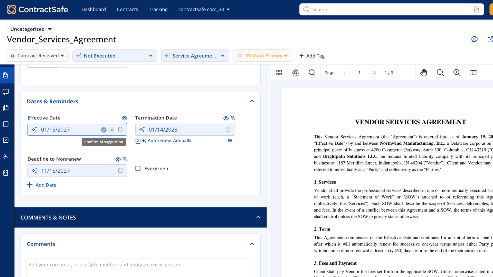 Confirming AI-extracted dates in ContractSafe