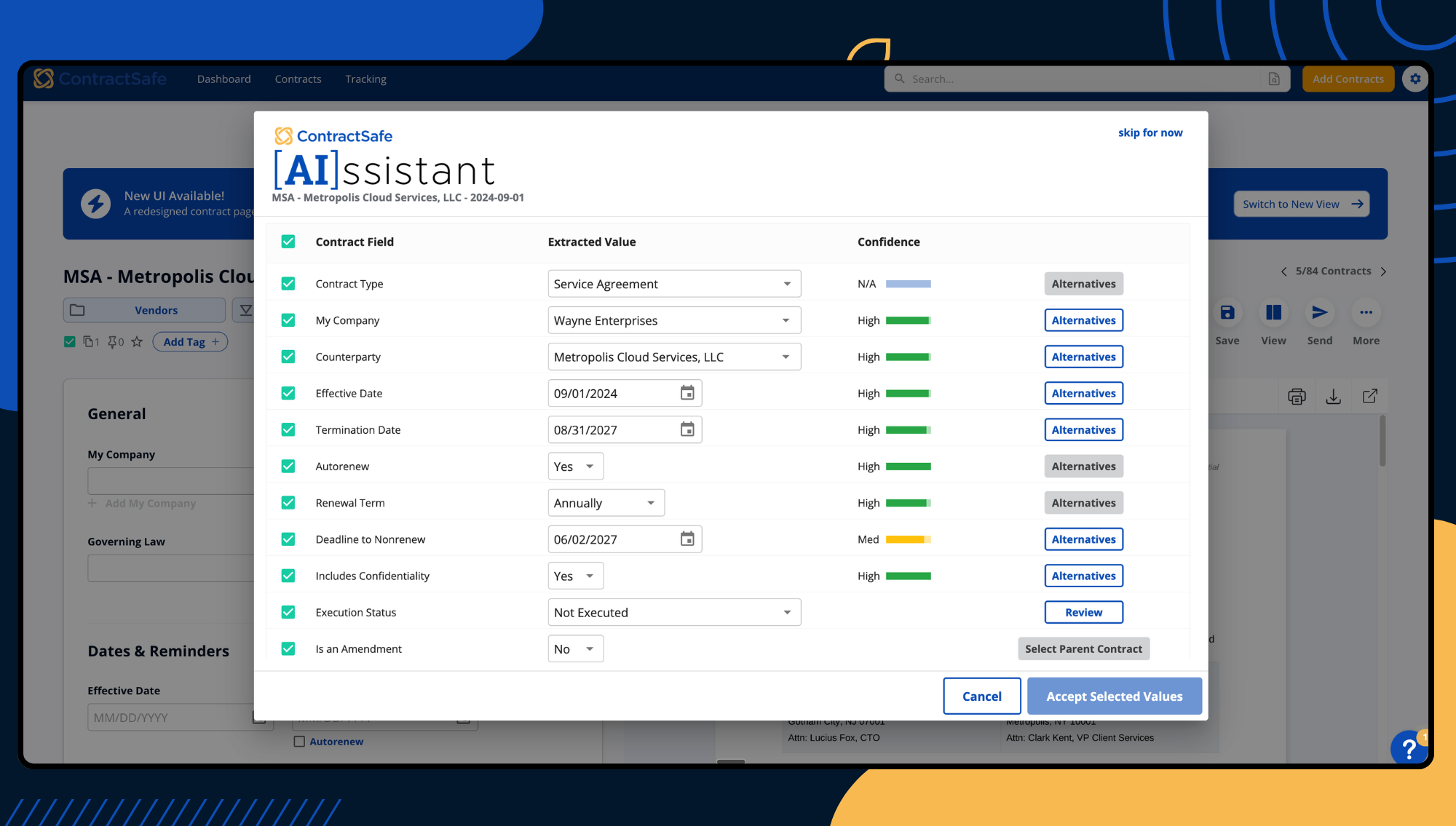 ContractSafe AI field extraction with confidence scores and review controls