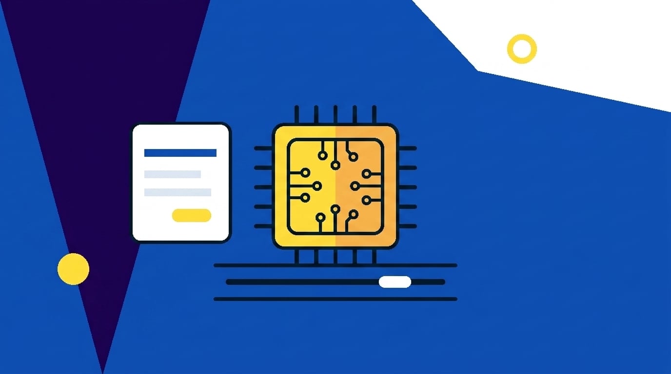 Contract page beside an AI processor and a controlled human-review rail