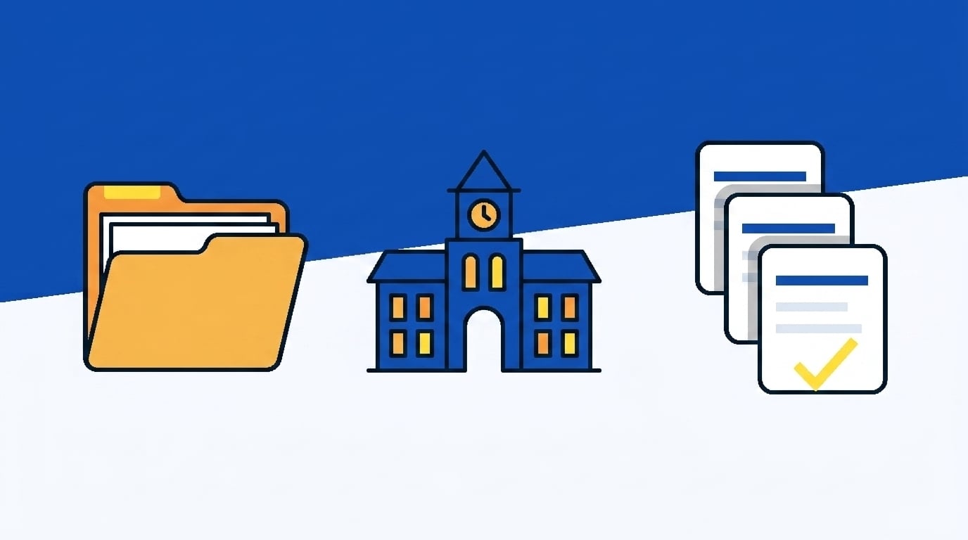 Contract folder, university building, and software shortlist cards