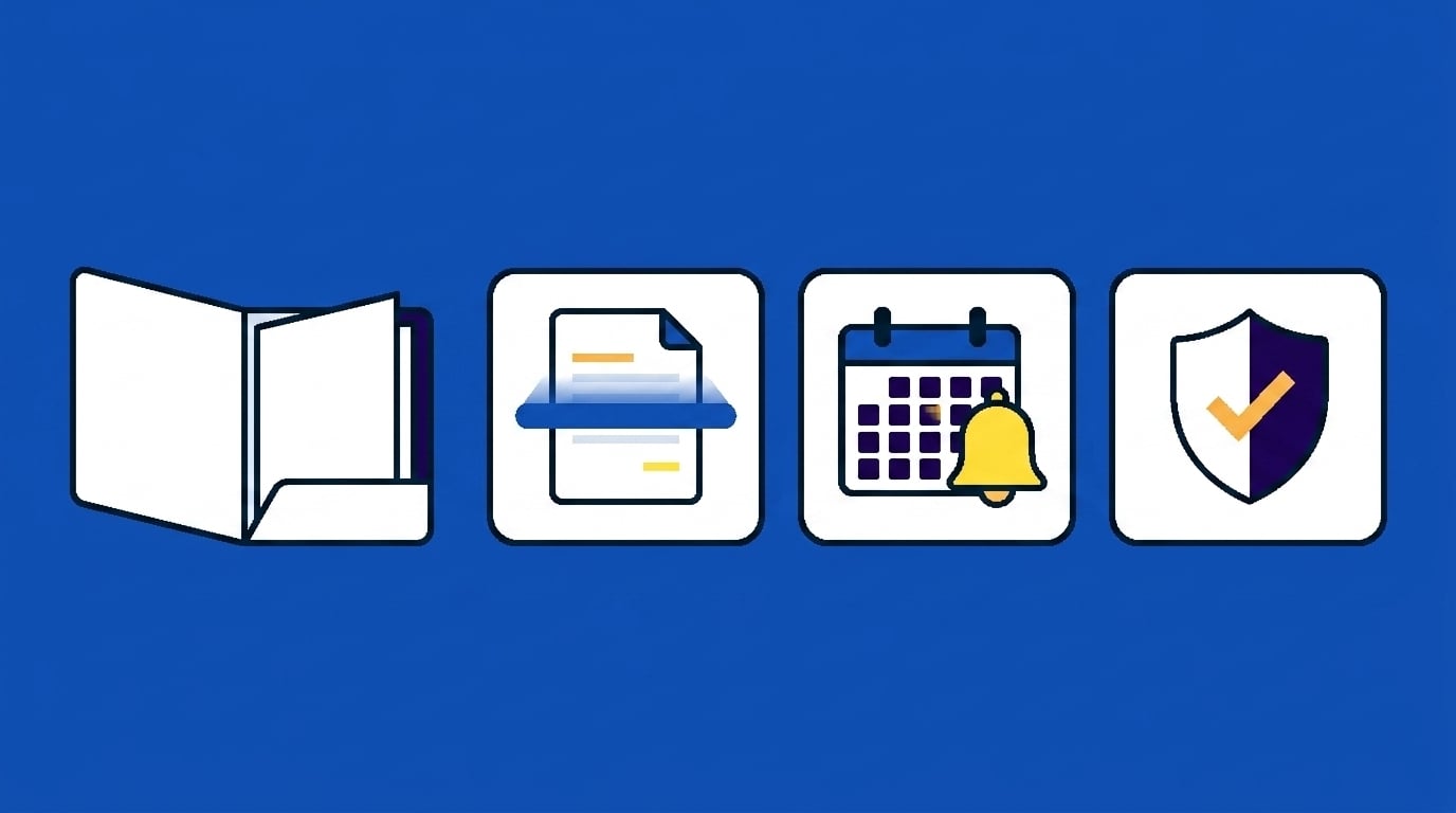 Contract folder with document search, deadline alert, and access-control feature tiles