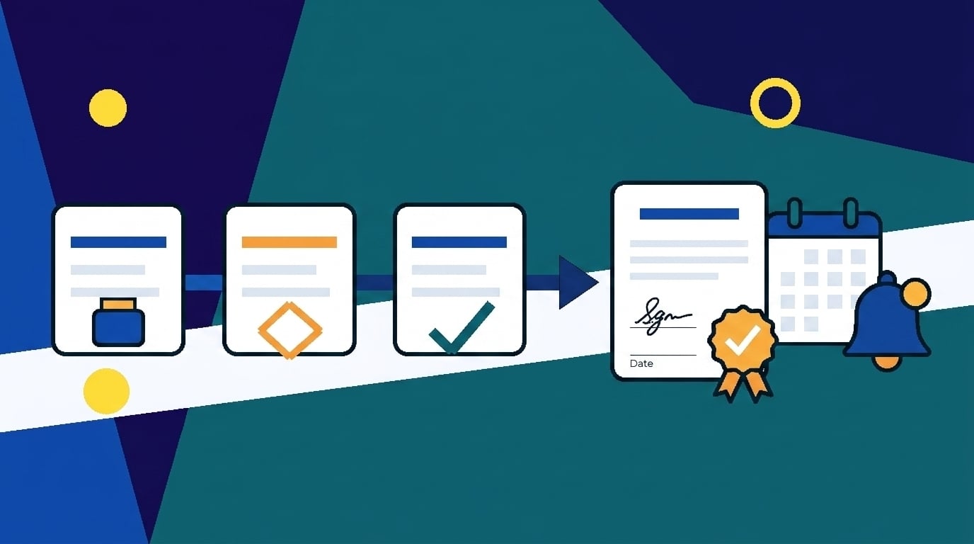 Contract automation illustrated as documents flowing through an automated approval path