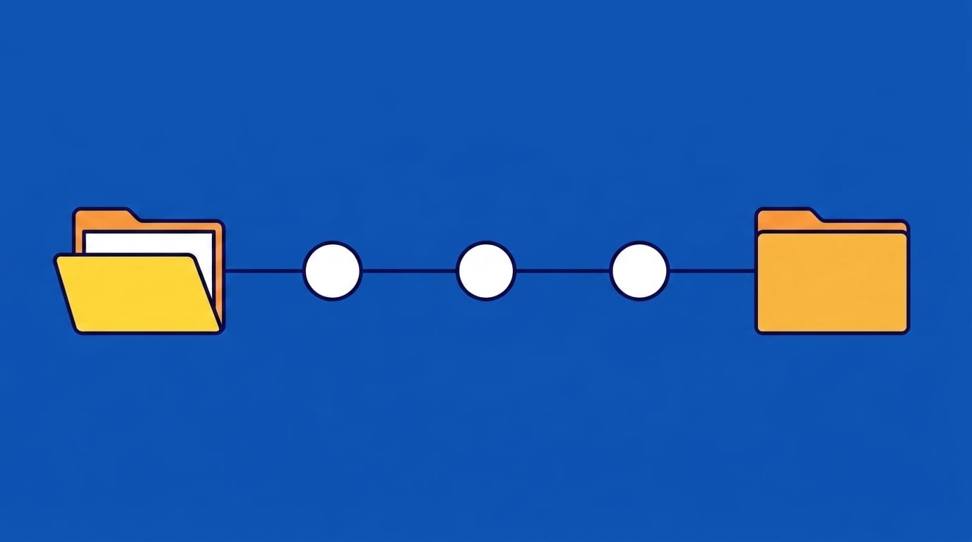 Open contract folder moving through workflow checkpoints to a closed folder