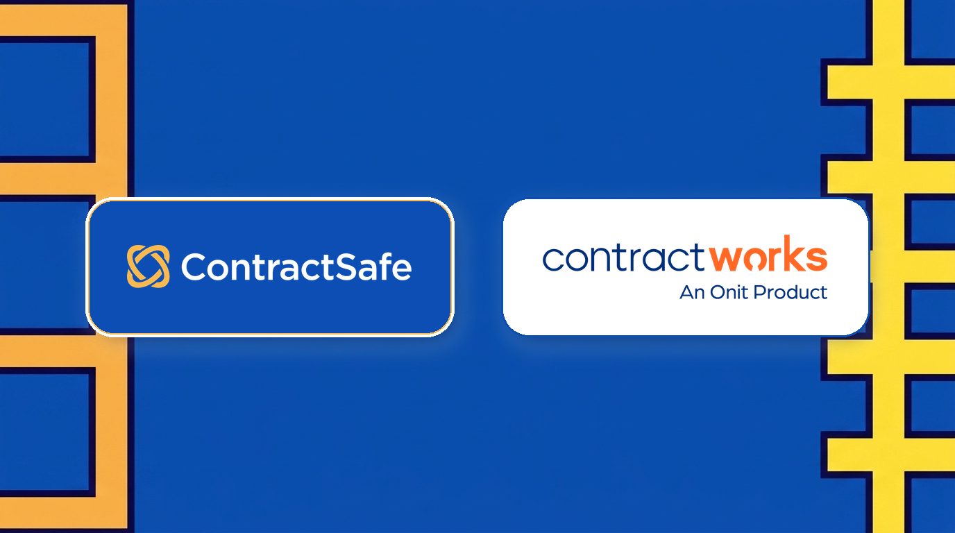 ContractSafe and ContractWorks logos on a contract management comparison graphic