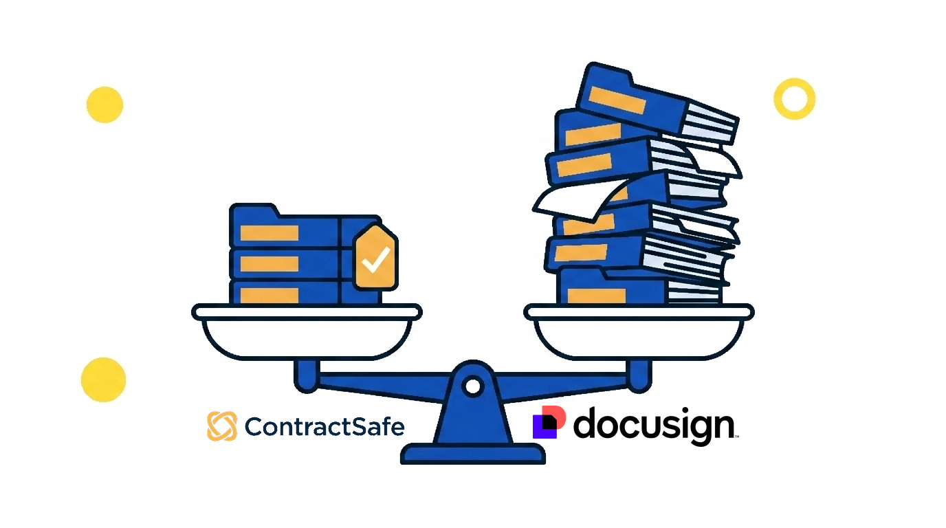 ContractSafe vs DocuSign CLM comparison shown as a balance scale with each product logo