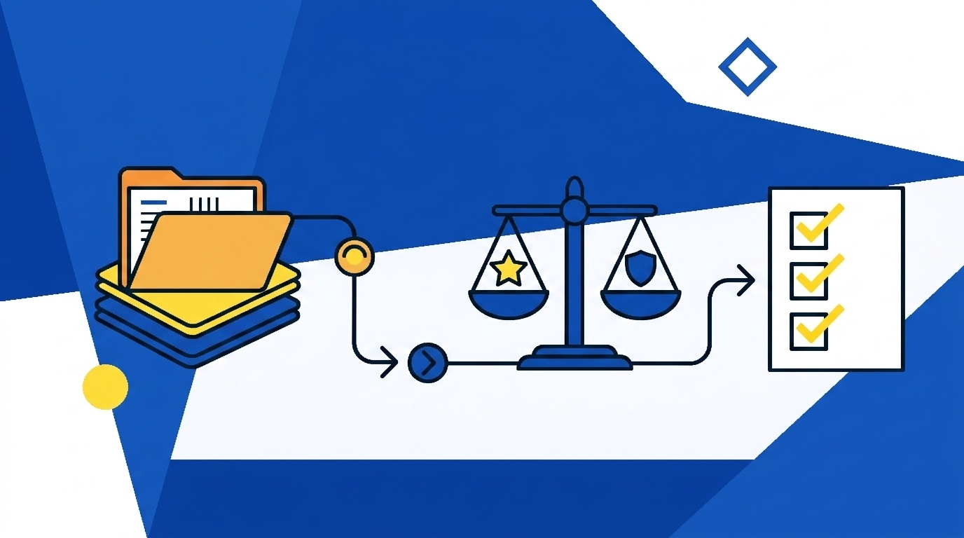 Contract folders flowing to a balanced scale and checklist